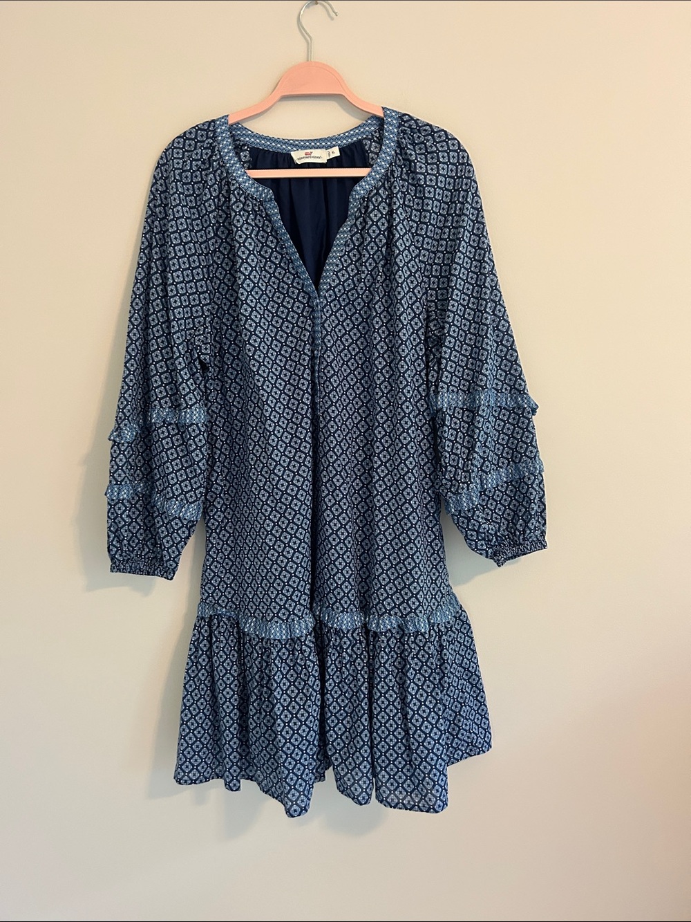 Vineyard Vines Navy Blue Printed Tiered Long-Sleeve Dress